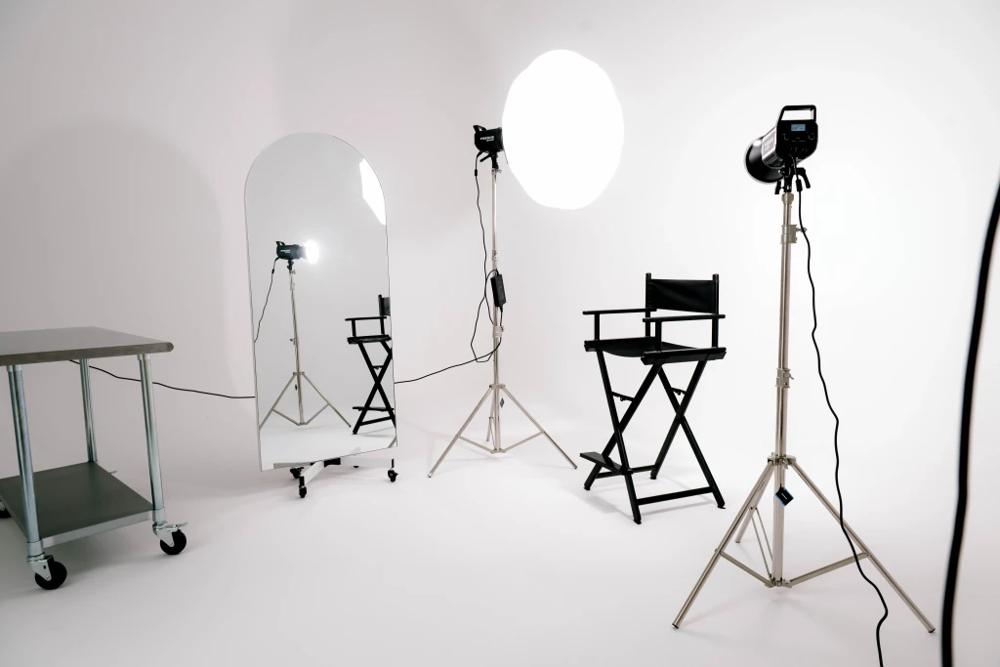 Cyclorama wall with director chair and studio lights